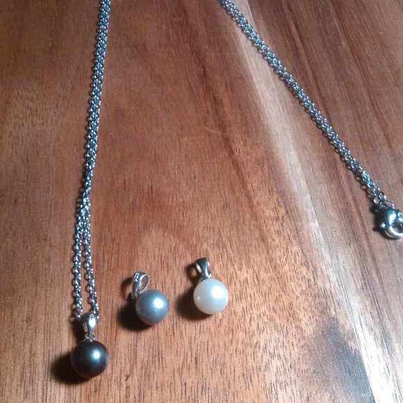 Various Color Pearl Sterling Silver Three Pendant Set Stainless Steel Necklace - Picture 3 of 10